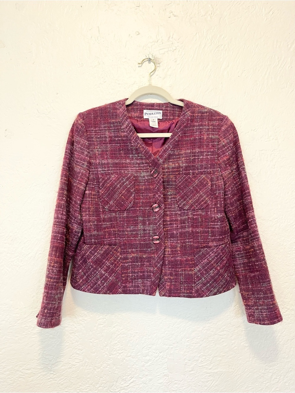 Pendleton Blazer Jacket Purple Fuchsia Plaid Wool Mohair 8 Preppy Colorful